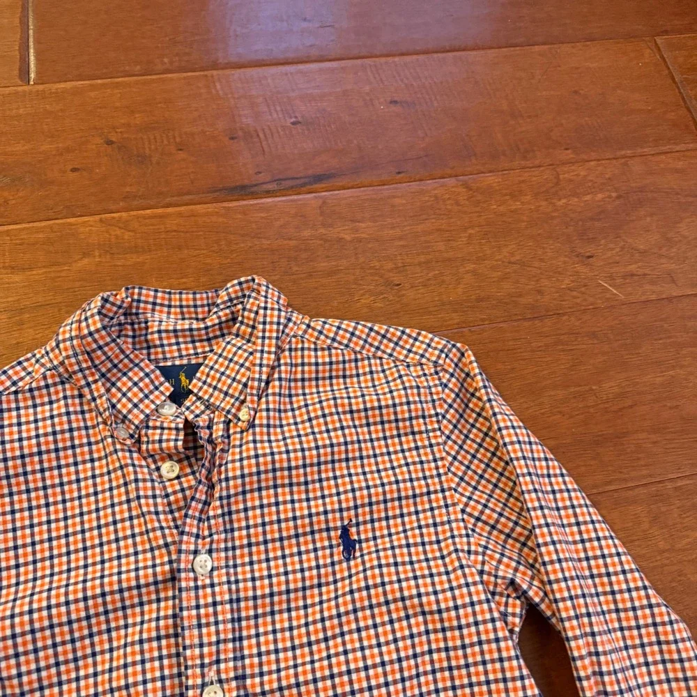 Ralph Lauren Button Down Boys S 8 Orange Blue Gingham Plaid Long Sleeve Shirt